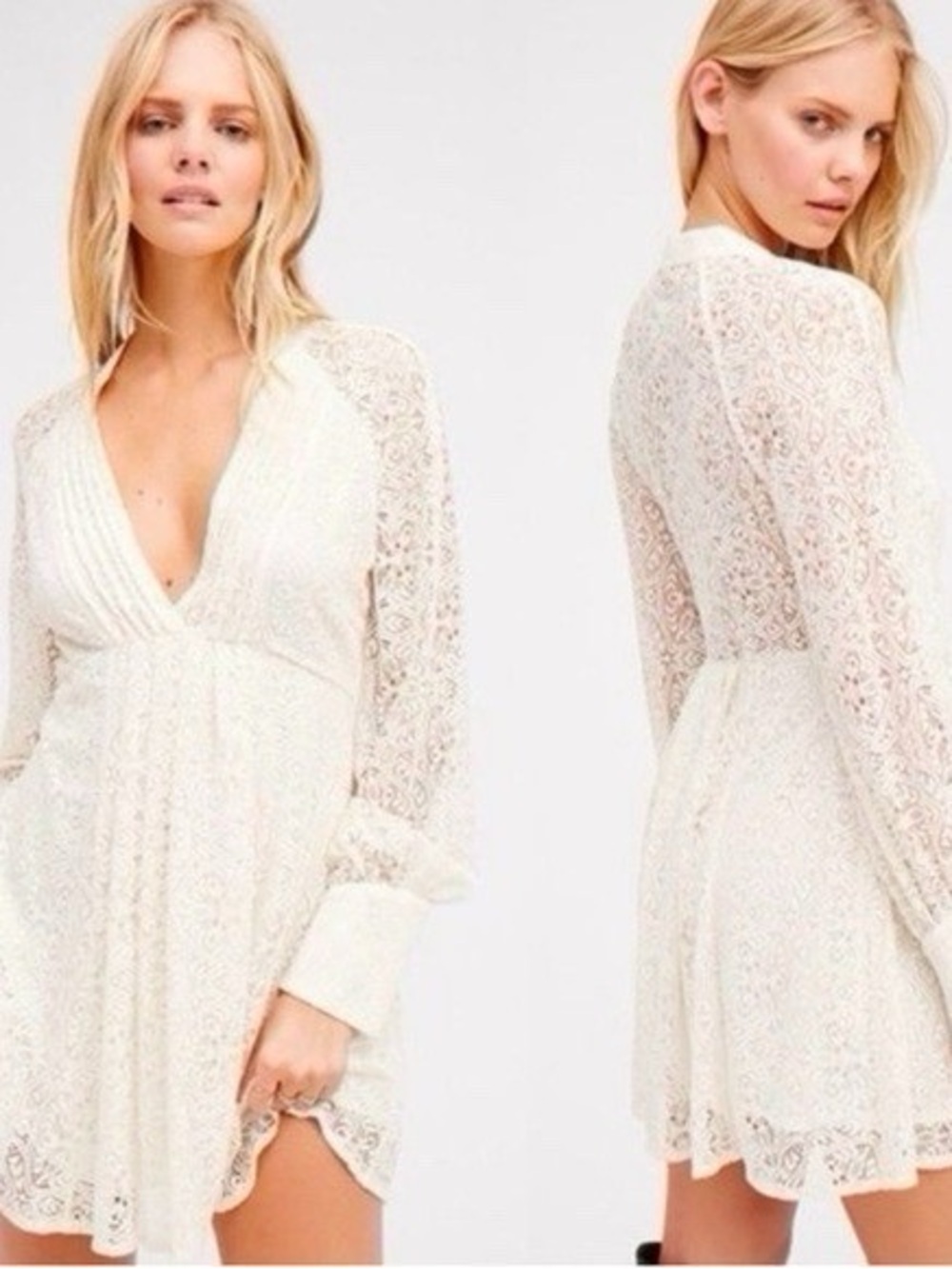 Free People Ivory White Uptown Lace Long Sleeve Mini Dress